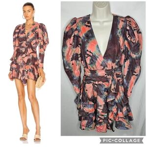 New Ulla Johnson Semira Dress Tie Dye 100% Silk Lined Ruffle Puff Sleeve Size: 2